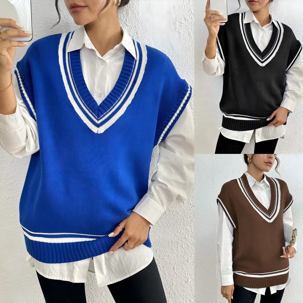 Women's college style wool vest sweater in acrylic blend fabric, loose fit, black blue coffee colour options
