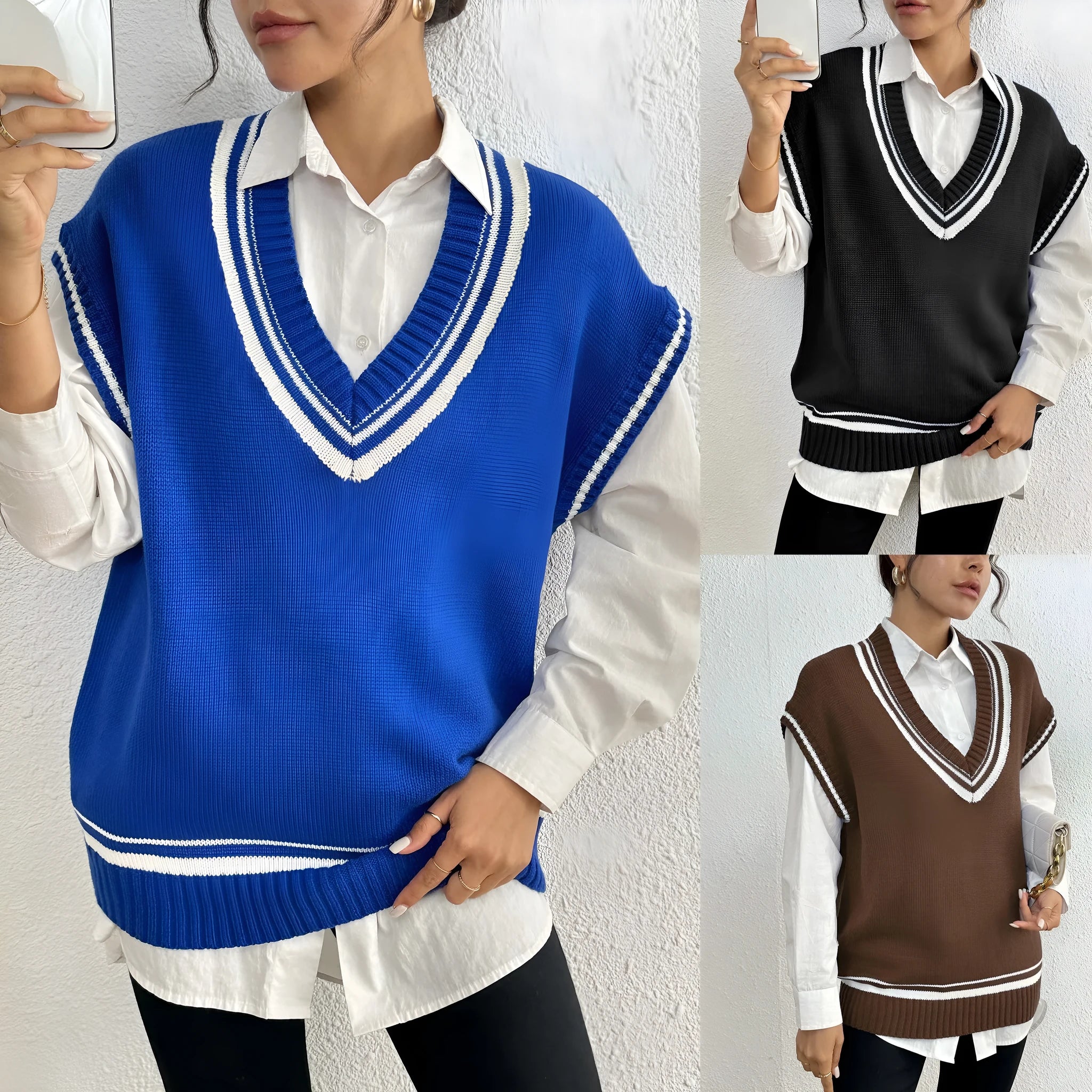 Women's college style wool vest sweater in acrylic blend fabric, loose fit, black blue coffee colour options