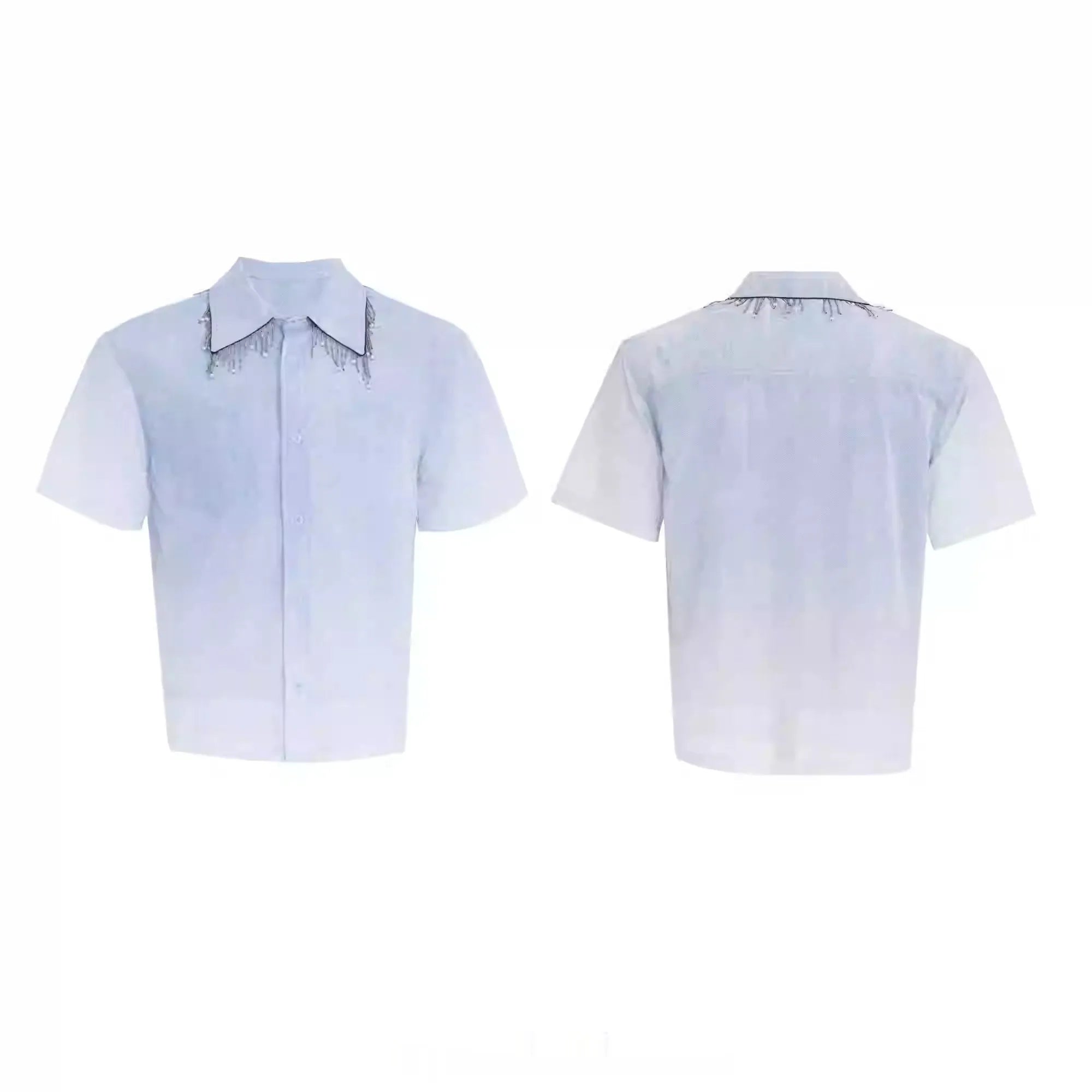 Man wearing a loose-fit gradient blue short-sleeved polyester casual shirt.