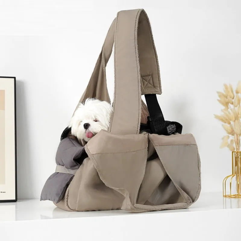 Apricot cloth pet handbag measuring 41cm long for carrying small dogs or cats