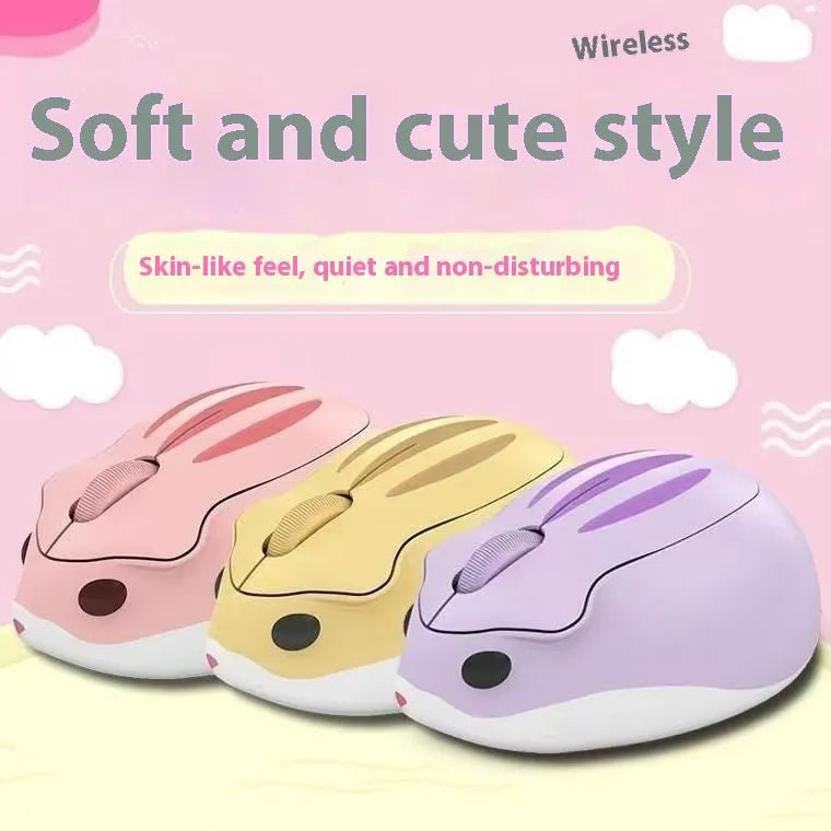 Hamster Bluetooth wireless mute computer mouse in yellow, pink, and grey colour options on a desk.