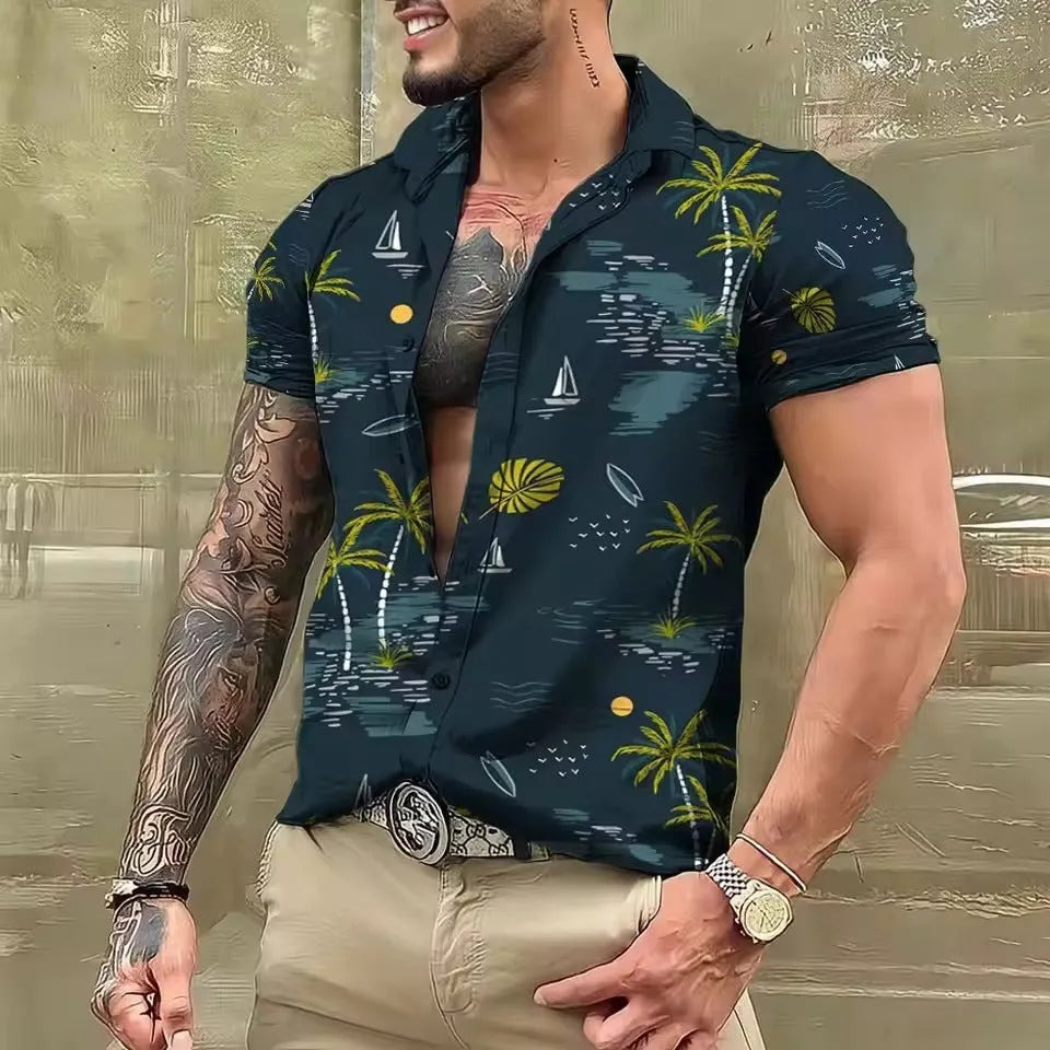 Men's loose fit floral printed short sleeve shirt in polyester fabric for summer casual wear
