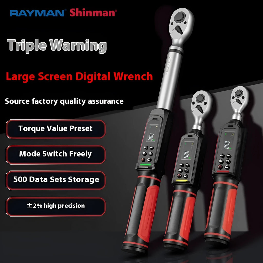 Electronic digital torque wrench with display showing torque measurement and chrome-vanadium steel construction