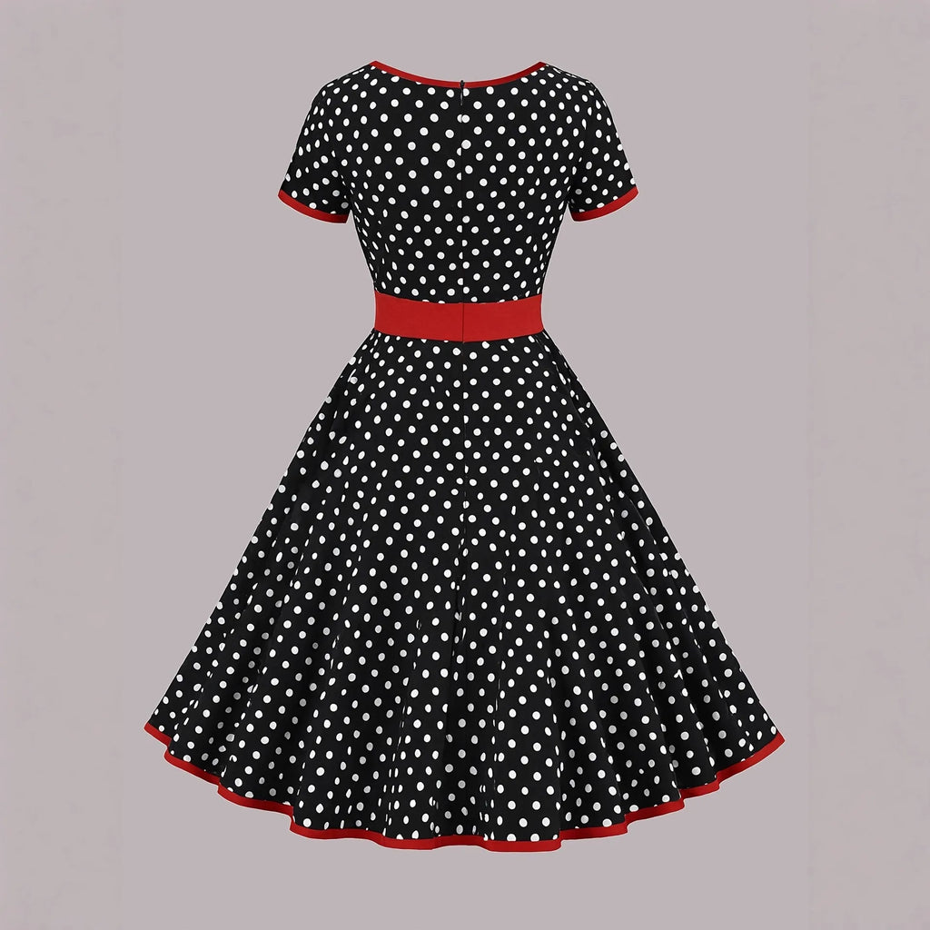 Women's square collar polka dot dress with front zipper and pleated midi skirt