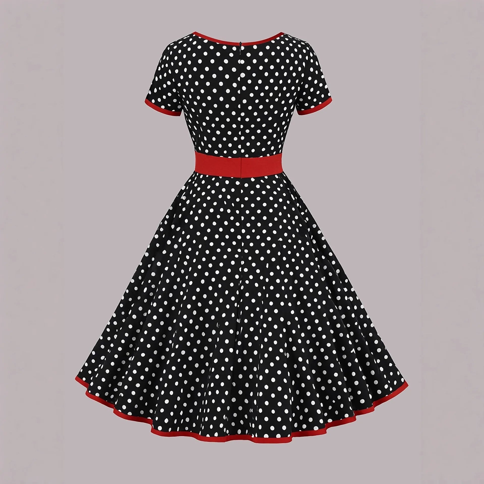 Women's square collar polka dot dress with front zipper and pleated midi skirt