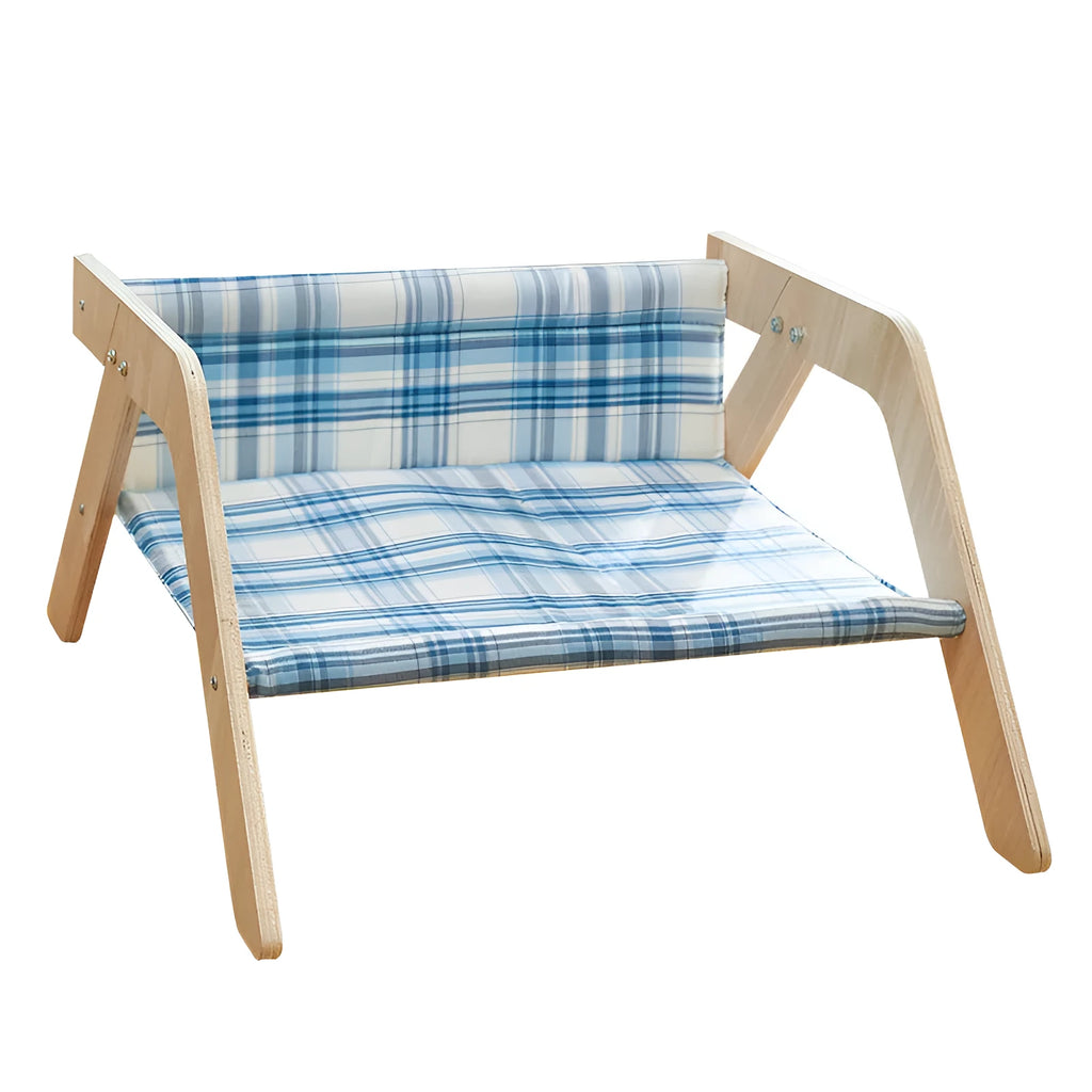 Wooden frame cat hammock bed with blue cloth fabric, elevated design for indoor cats.