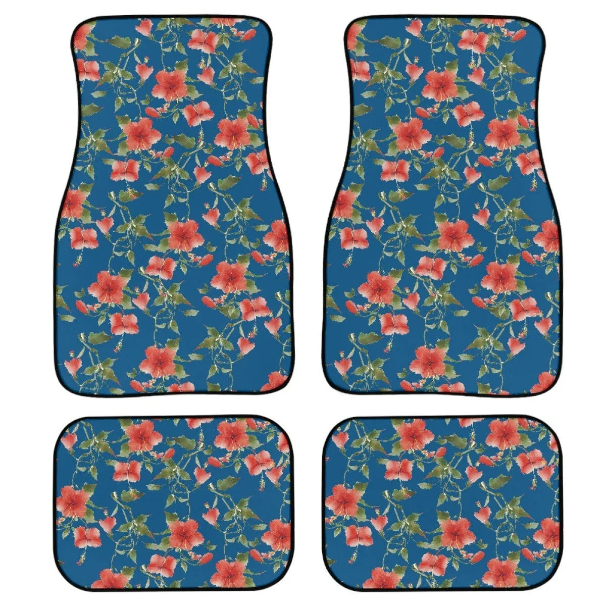 Black printed rubber car floor mat set, showing textured surface and 20mm thickness, four pieces for front and rear footwells.