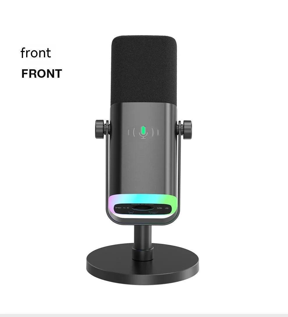 Dynamic noise reduction condenser microphone in black with XLR and USB-C cables on desk stand
