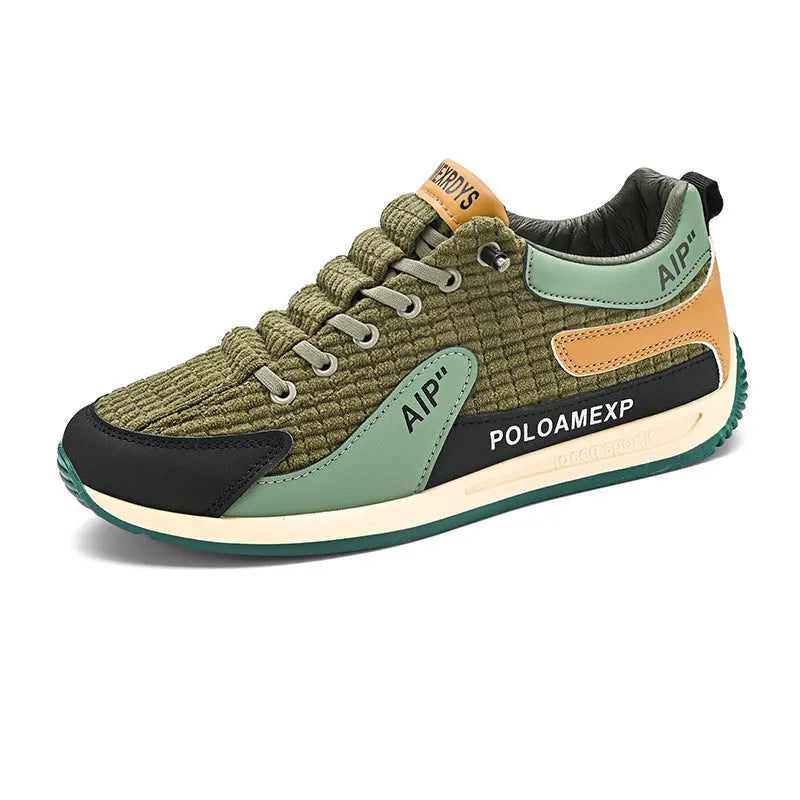 Men's green and grey mesh running shoes with low-top design and viscose soles