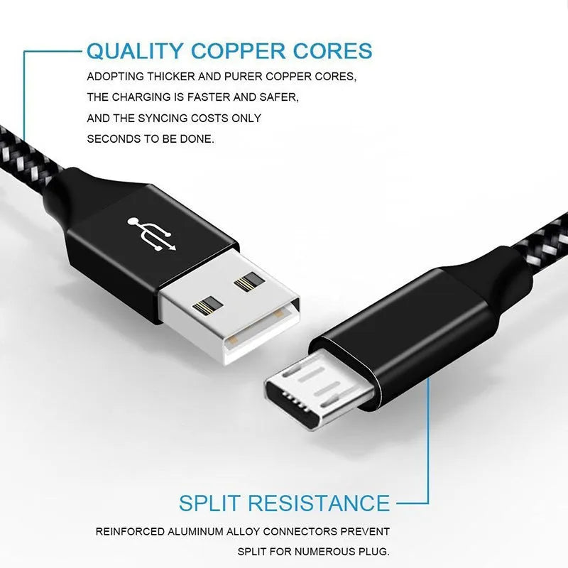 Braided Micro USB fast charging cable for Android phones in black and white colour, showing length.