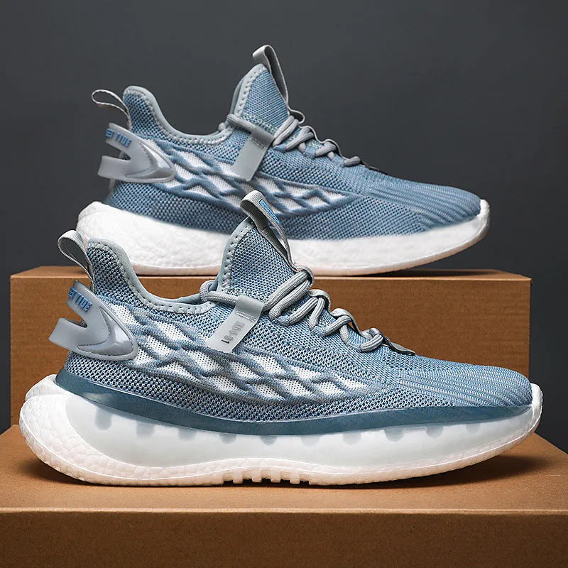 Men's white fly woven mesh platform sneakers with round toe and lace-up closure on a rubber sole.