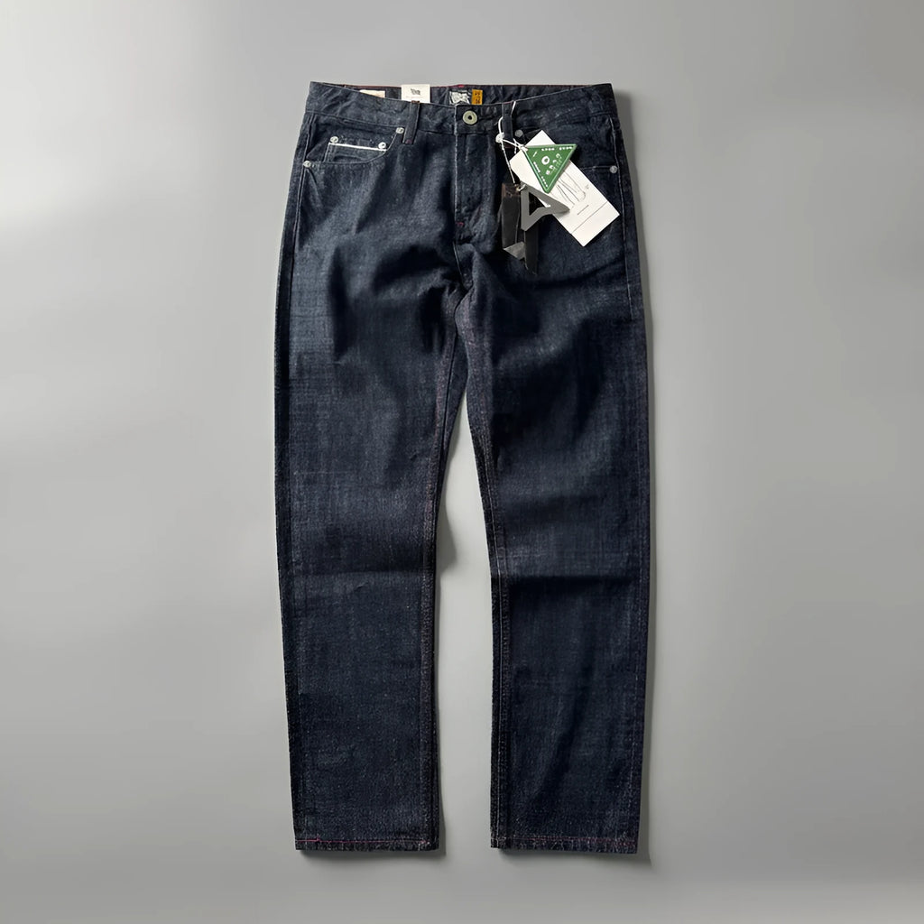 Men's straight leg denim trousers in primary colour with mid-rise waist