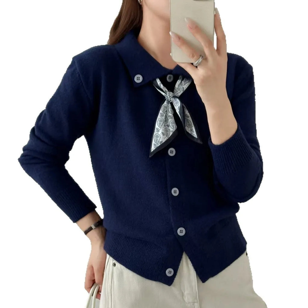 Acrylic lapel scarf cardigan in beige, grey, or navy blue, shown as a long-sleeve free-size garment.