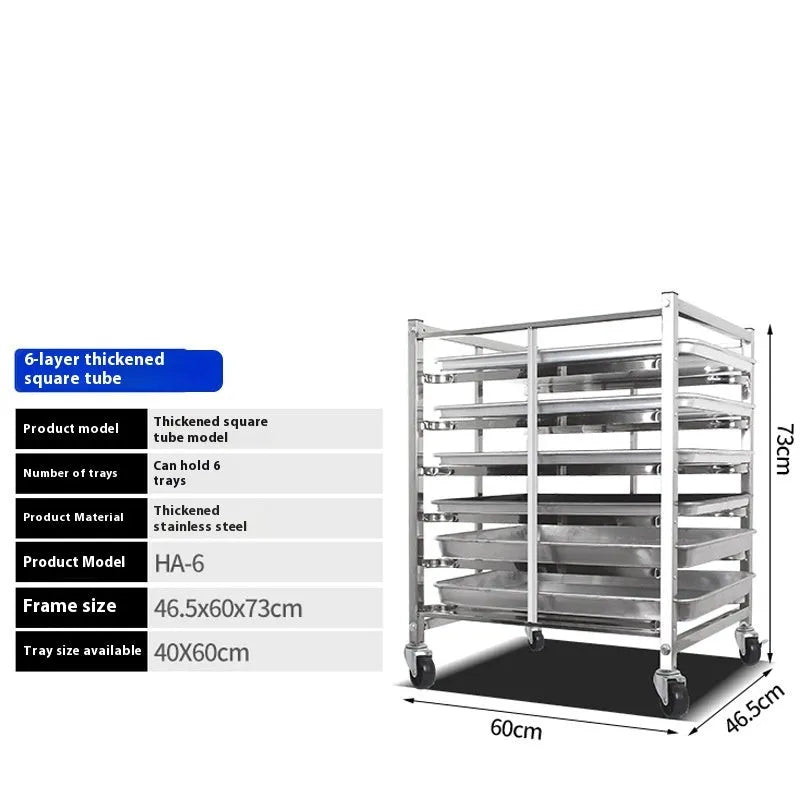 Stainless steel six-tier baking tray rack with a locking mechanism, shown holding multiple baking sheets.
