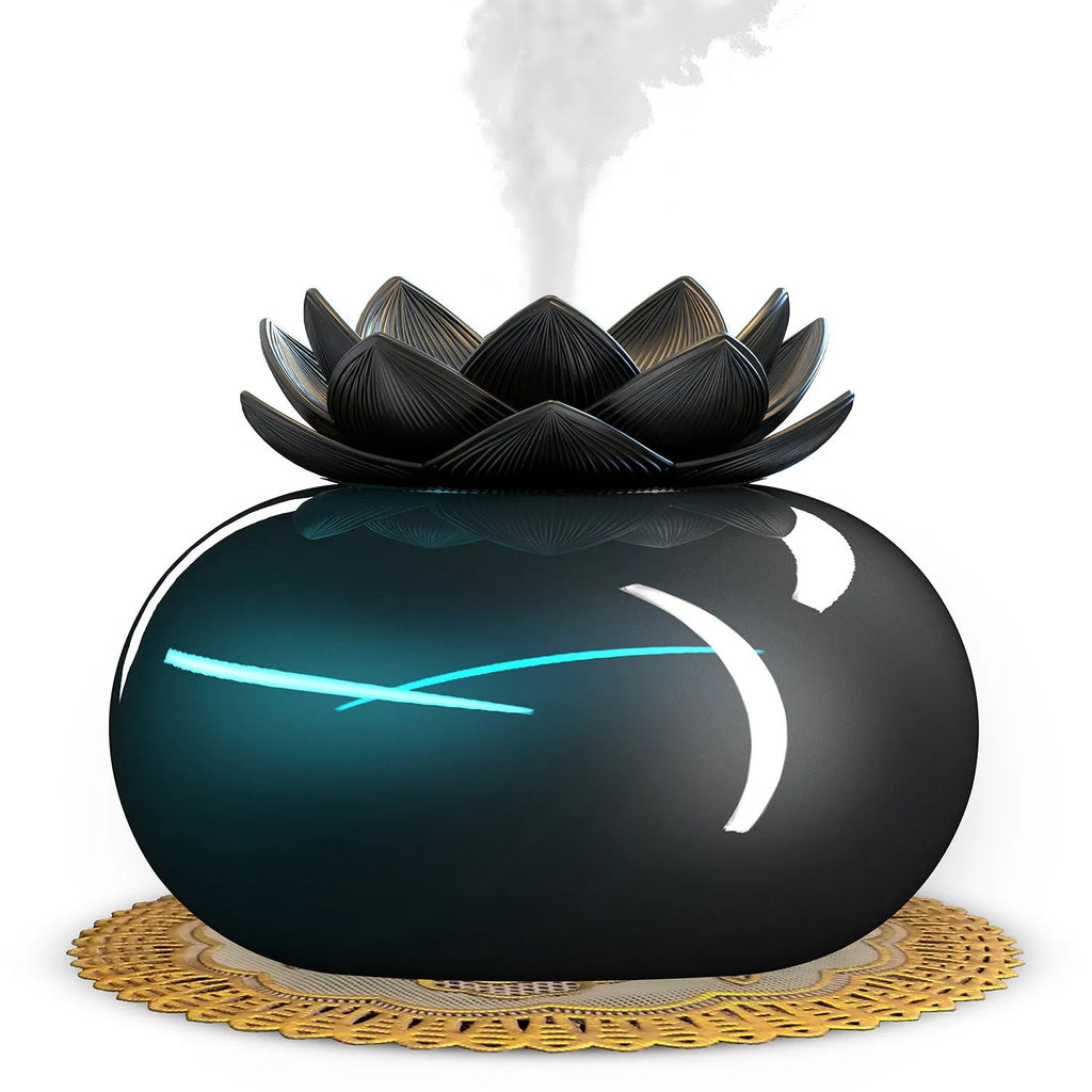 Black round lotus aromatherapy humidifier with USB port for power connection