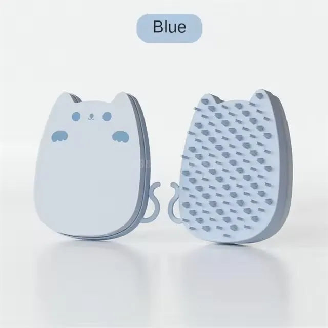 Brown sponge silicone pet grooming brush with dual-texture comb teeth on white background