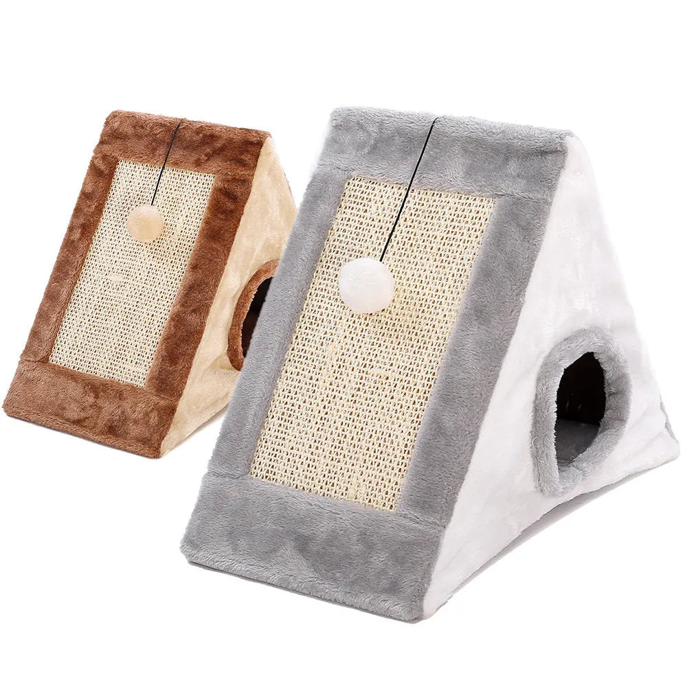 Grey and white triangular cat bed with sisal scratching posts on the sides.