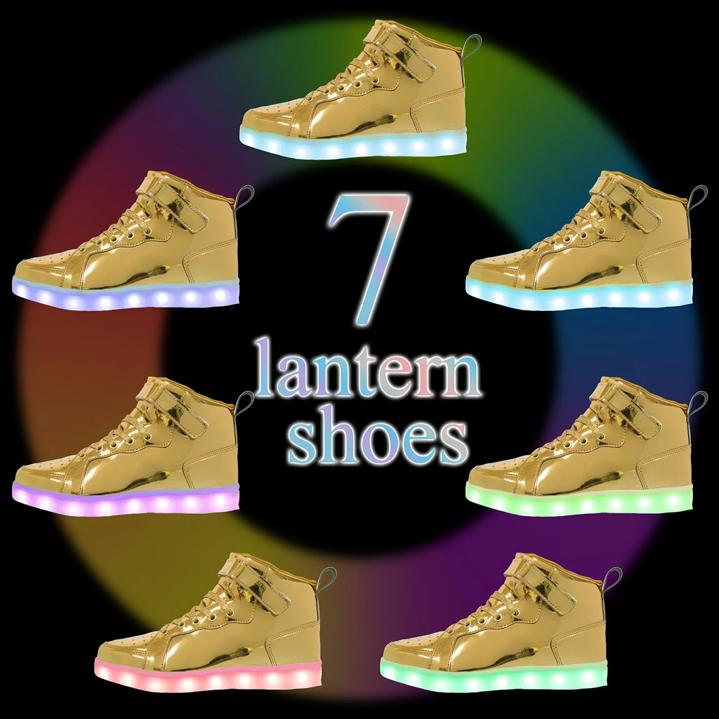 Rechargeable LED light-up high-top trainers in black with Velcro strap, glowing.