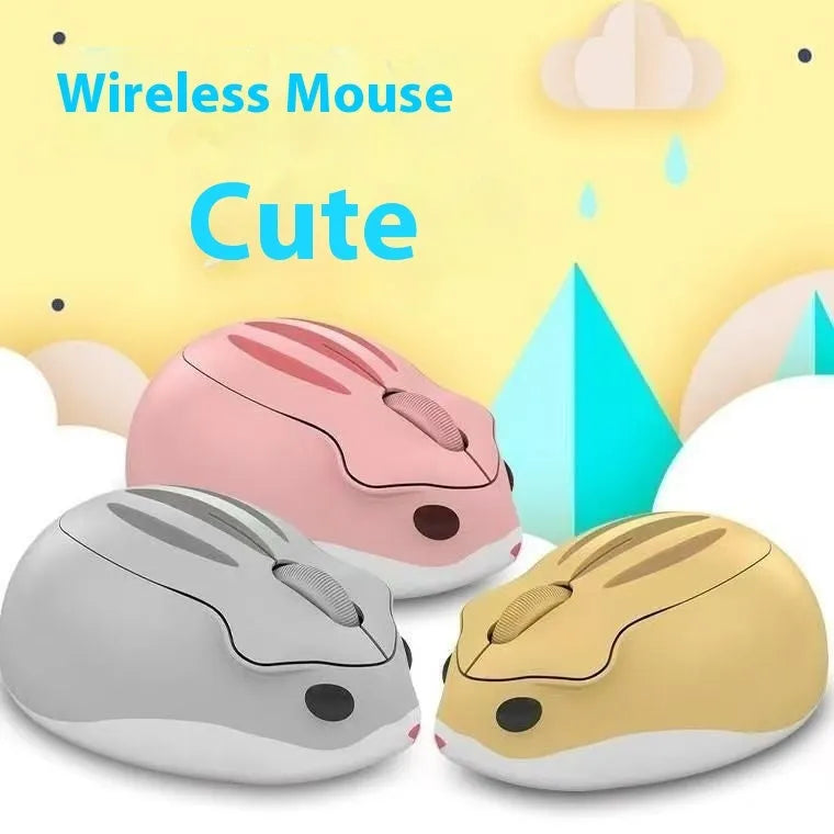 Hamster Bluetooth wireless mute computer mouse in yellow, pink, and grey colour options on a desk.