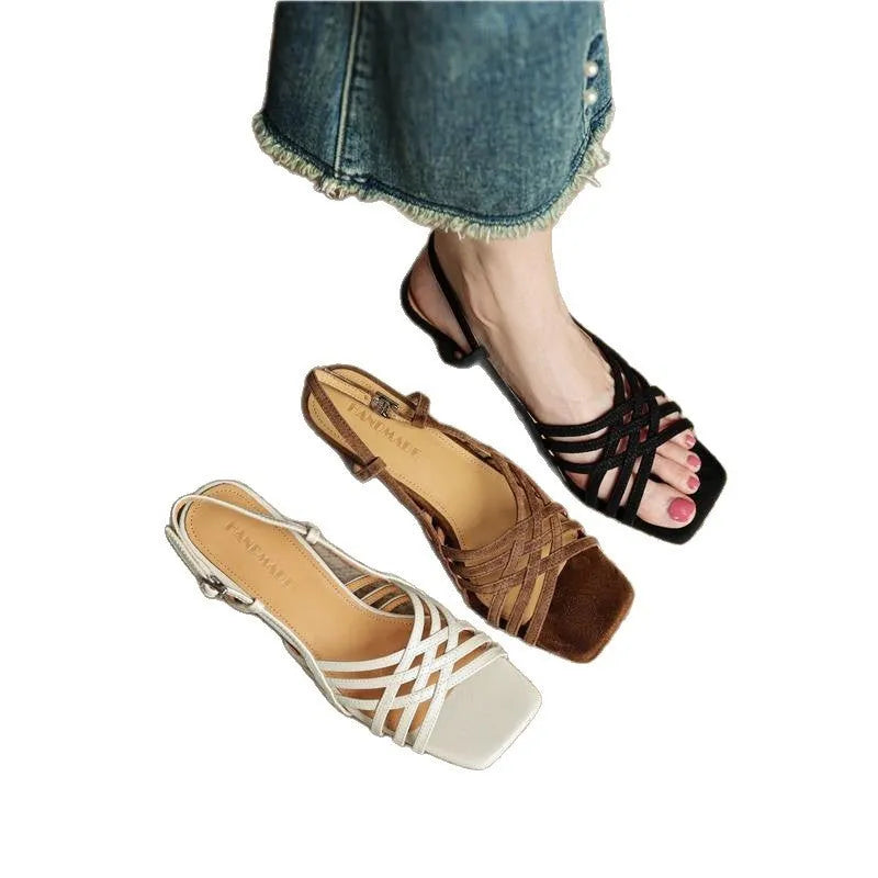 Women's retro light brown high heel sandals with cross-straps and ankle buckle on a 3-6cm block heel
