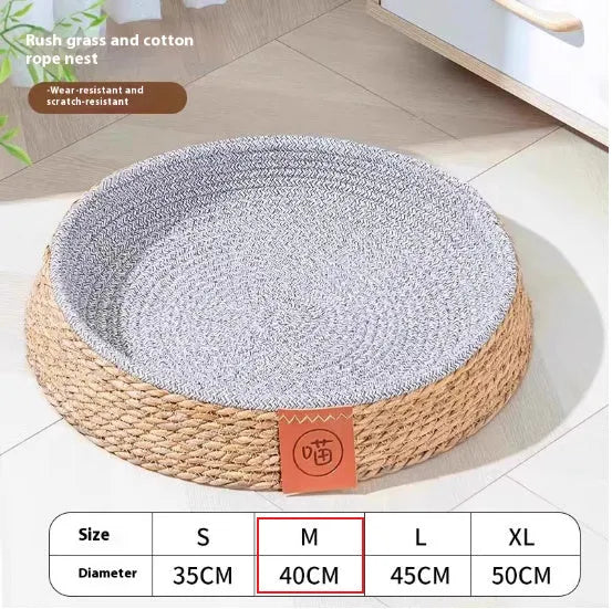 Natural rattan woven cat nest bed showing breathable open design suitable for feline sleeping