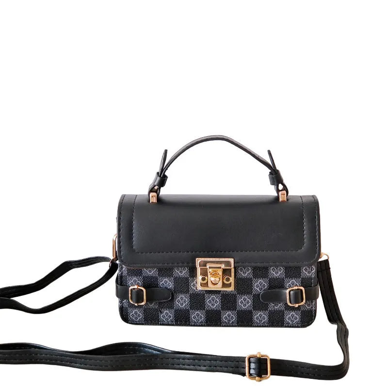 Retro ethnic crossbody bag with small square pattern and floral stitching in PU material