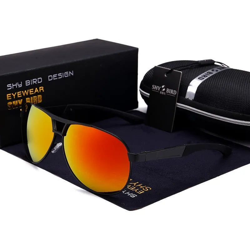 Men's orange red aviator sunglasses with metal frame and polarised HD lenses