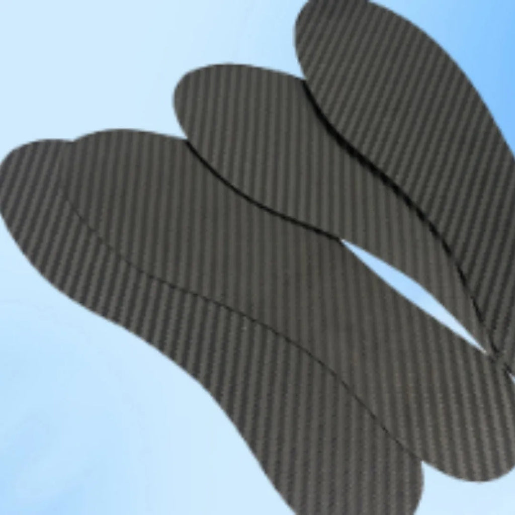 Black carbon fibre running insoles with 3K weave pattern showing full palm construction