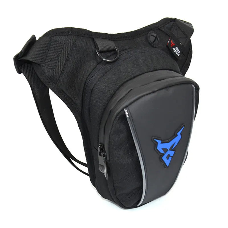 Motorcycle crossbody shoulder waist leg bag in 1200D Oxford cloth, shown in blue.