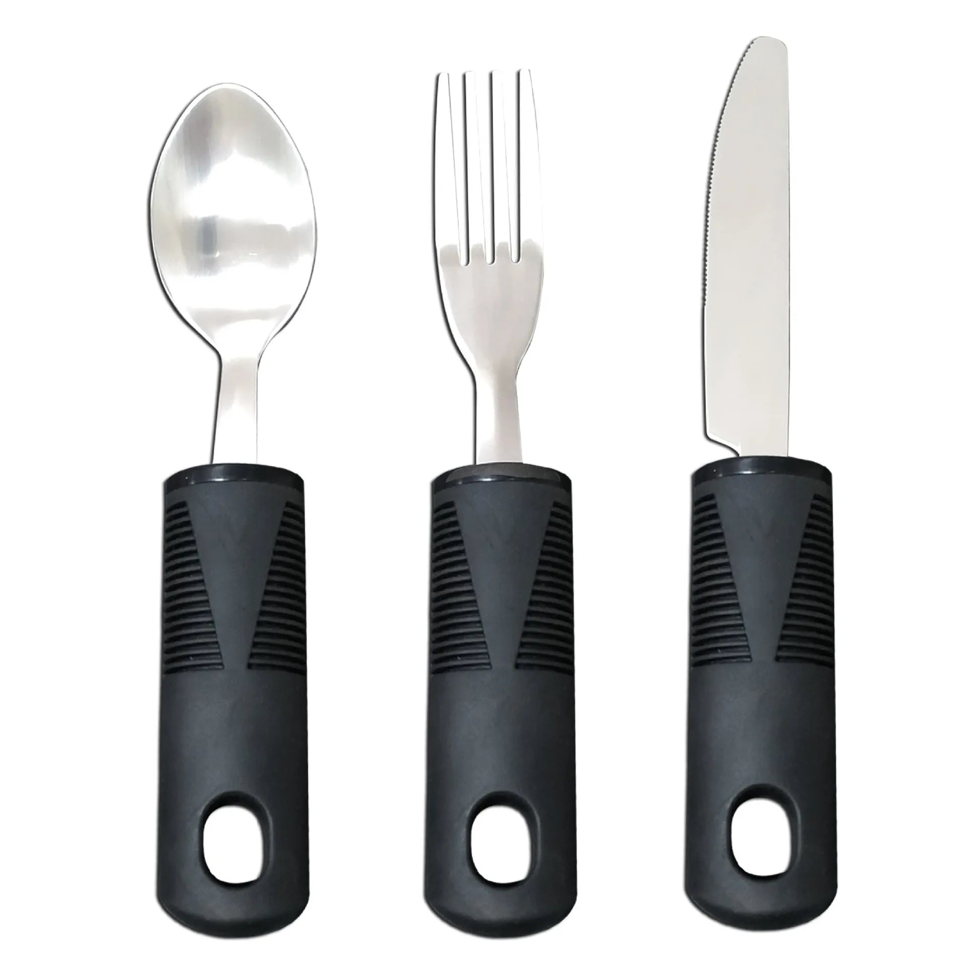 Stainless steel adaptive spoon and spork set with black rubber handle on a table.