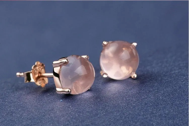 Women's Korean style drop-shaped stud earrings with synthetic Ross quartz stones in rose gold plating