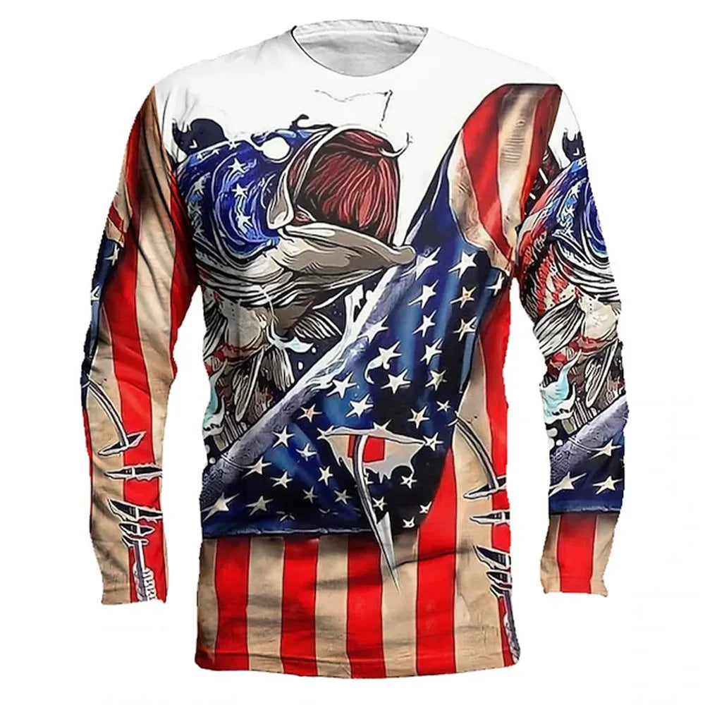 Men's grey long sleeve pullover top with an all-over colourful fish print design, round neck.