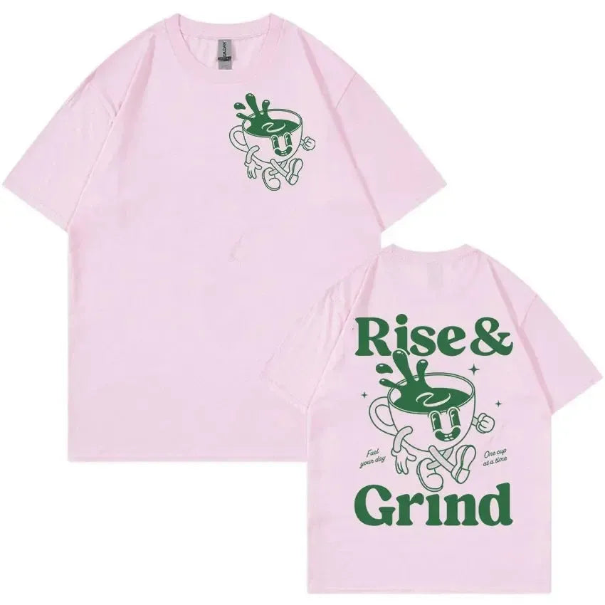 Loose fit linen t-shirt featuring a Rise And Grind Green Coffee Fun Expression Bag Cartoon print.