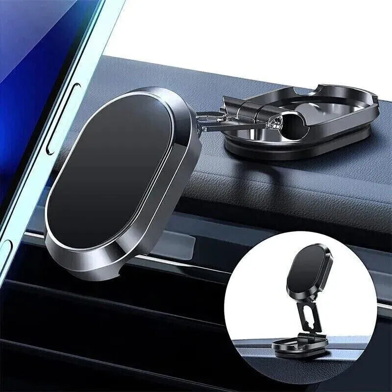 Chrome magnetic car phone holder with folding bracket extended on dashboard