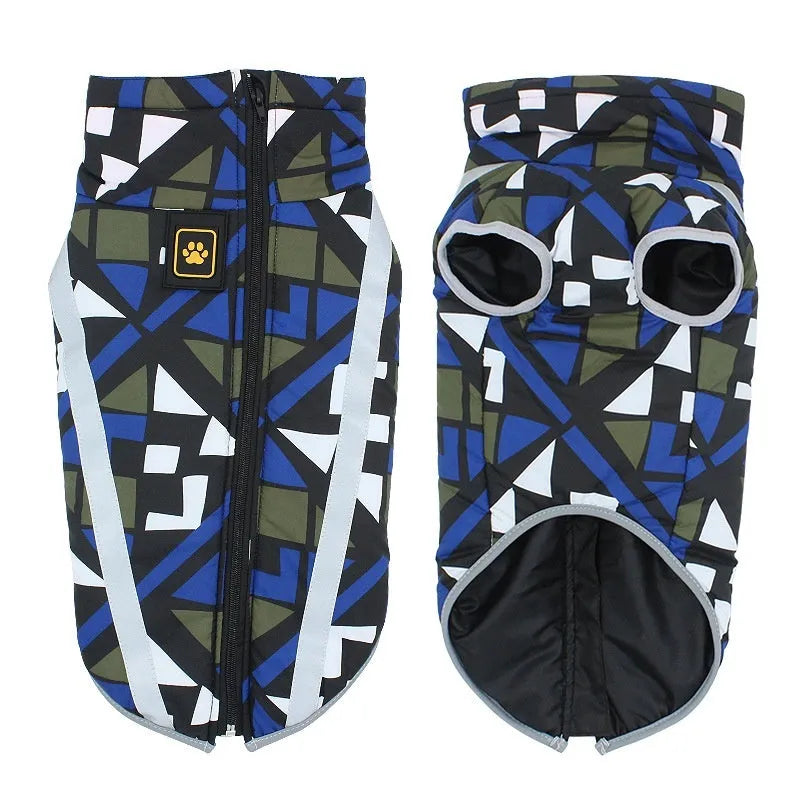 A large reflective dog jacket in thick polyester material, shown in a geometric blue colour option.