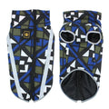 A large reflective dog jacket in thick polyester material, shown in a geometric blue colour option.
