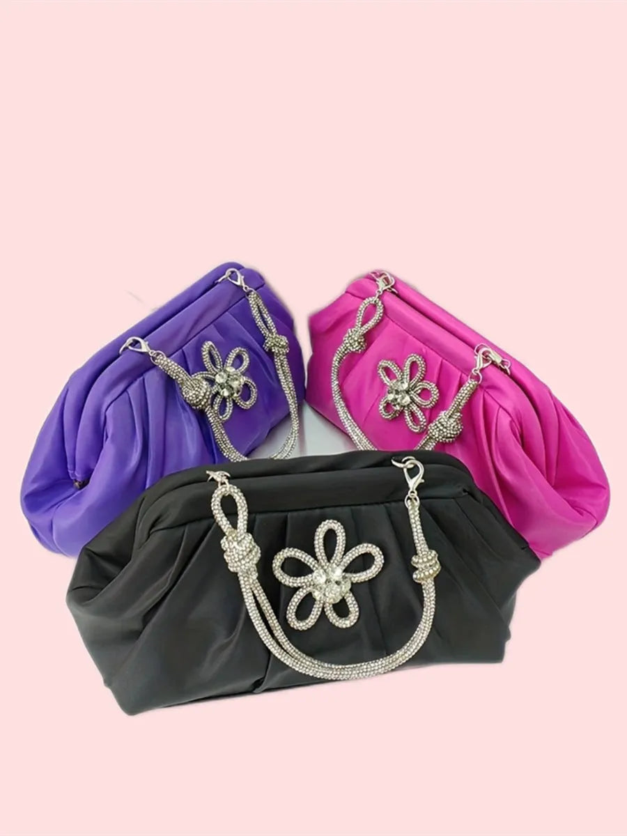 Women's soft polyester shoulder messenger bag with decorative folds, diamonds and chains in shell shape