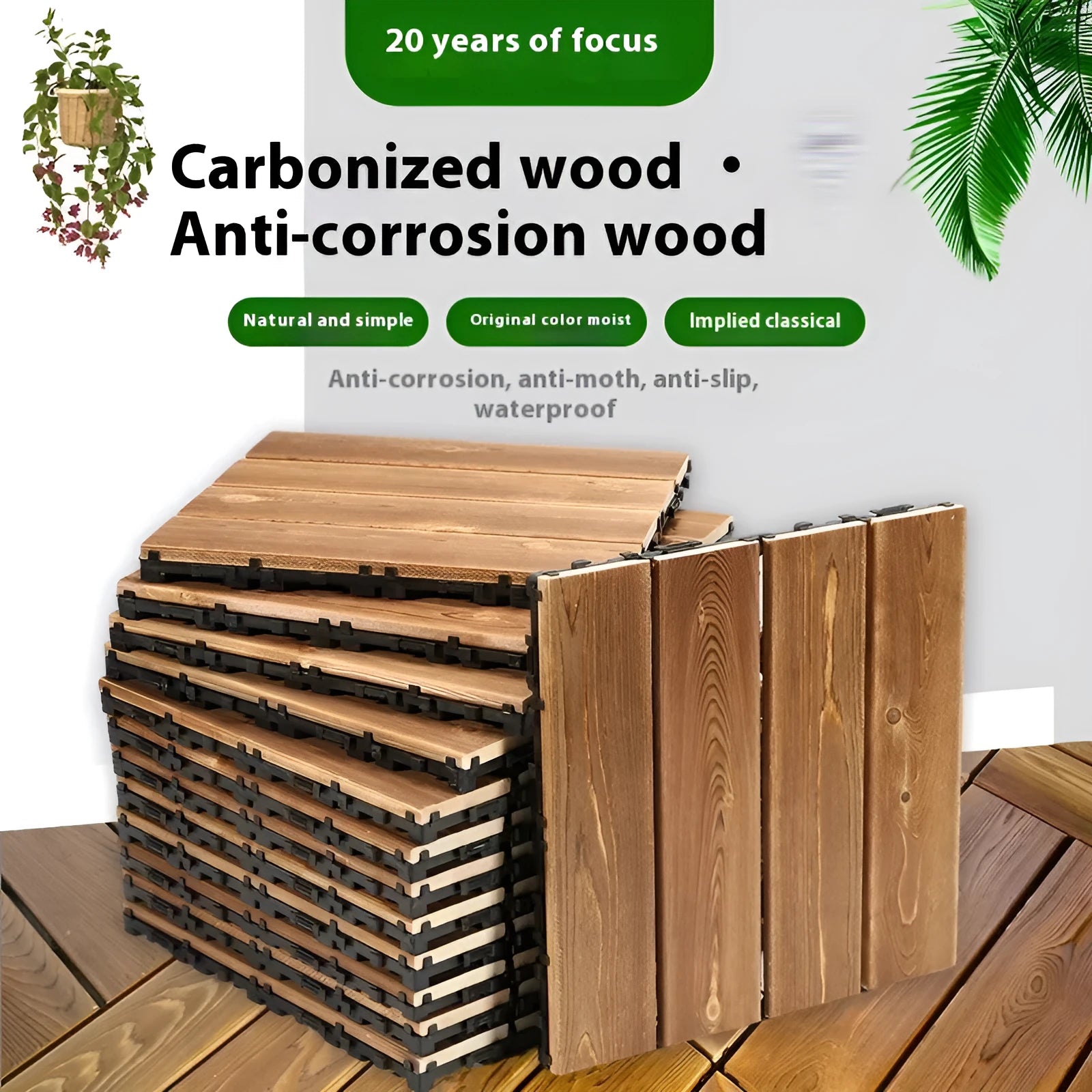 Four 30x30cm camphor pine wood flooring tiles with brushed oil finish