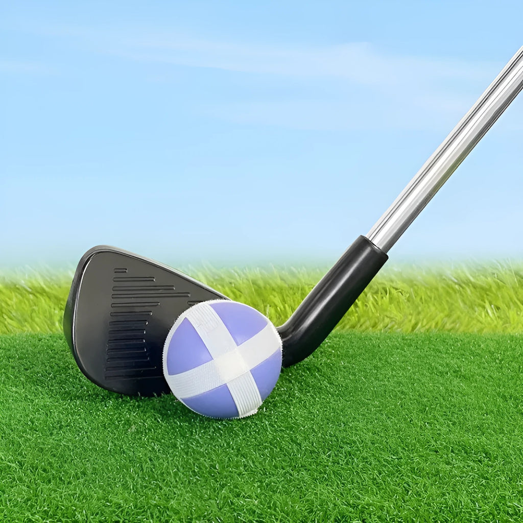 Metal golf club set showing adult and children's clubs for backyard practice