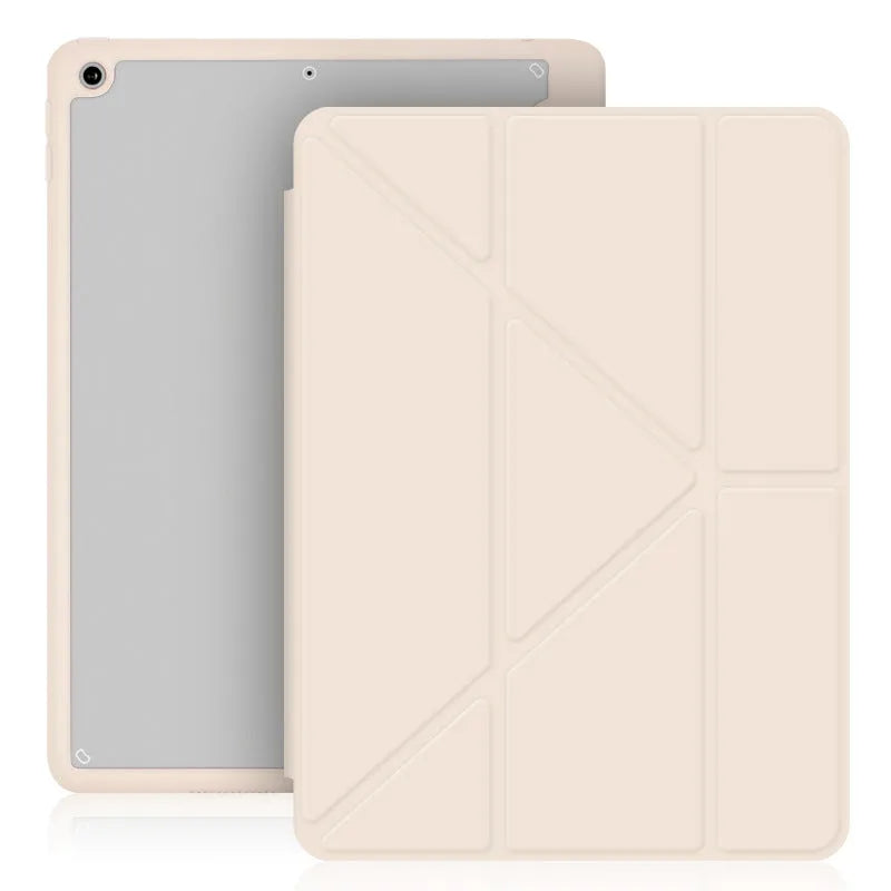 Apple iPad leather case with Y-folding acrylic cover, built-in pen slot, and bracket stand in dark grey colour