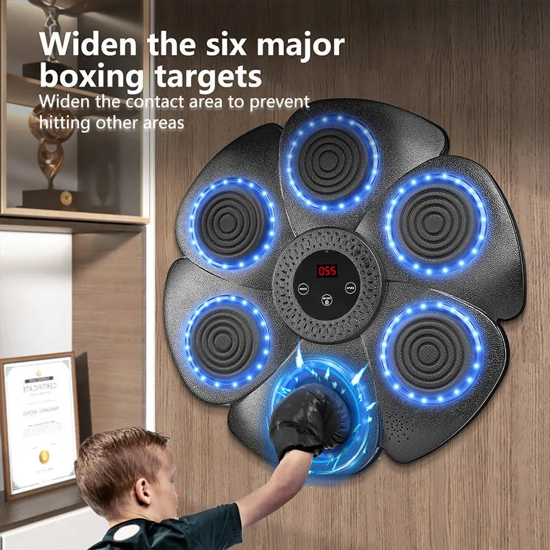 Black smart boxing wall target with LED lights and half-finger gloves for indoor training