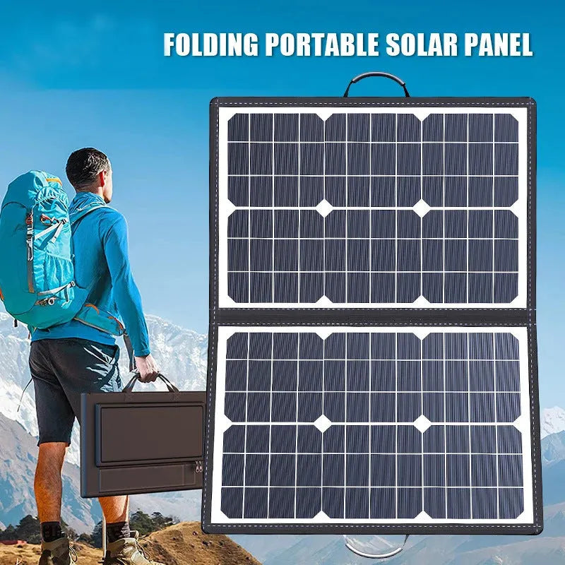 Black 40W portable solar panel folded inside its carrying bag