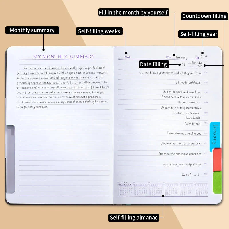 A5 no-date notebook with thread-bound spine and PU cover, shown in multiple colour options.