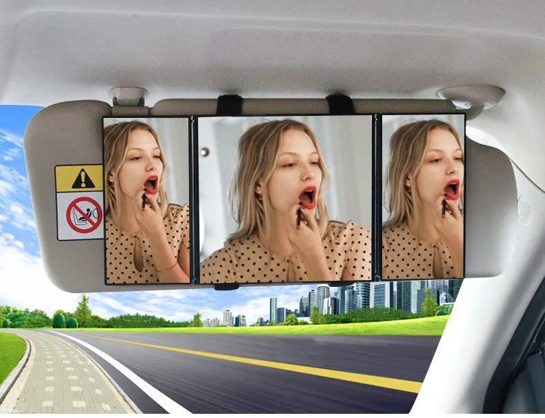 Silver car folding makeup mirror shown in both closed 15.5cm width and opened 30.5cm width positions
