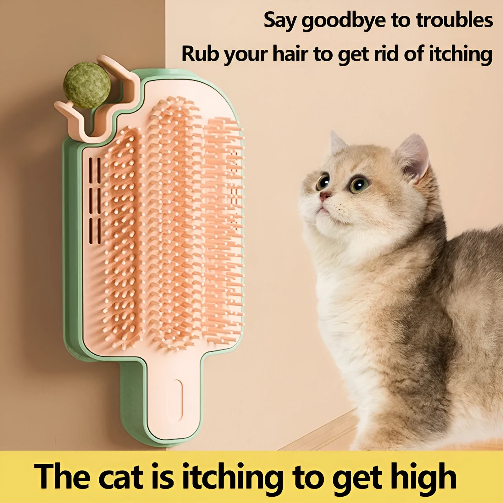 Ice cream cone shaped cat grooming brush with corner rubbing surfaces and attachment options