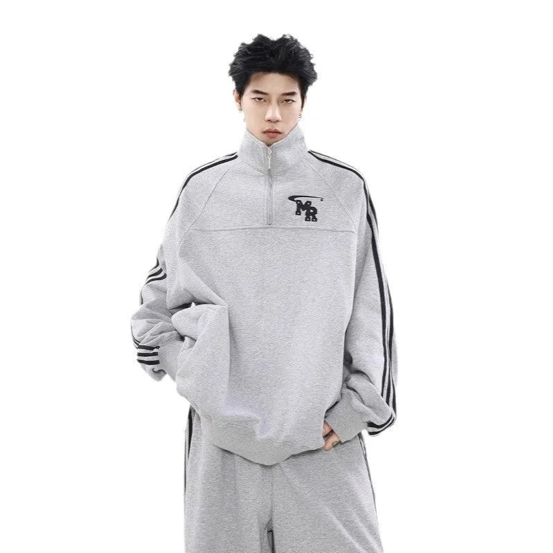 American retro casual sports hoodie with stand collar in black polyester