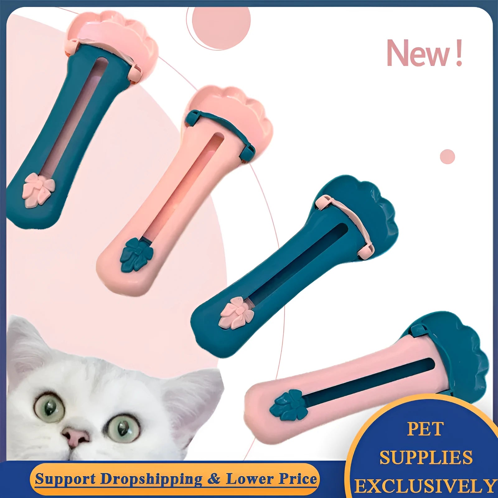 Green and pink handheld pet food squeezer spoon feeder for cats and dogs.