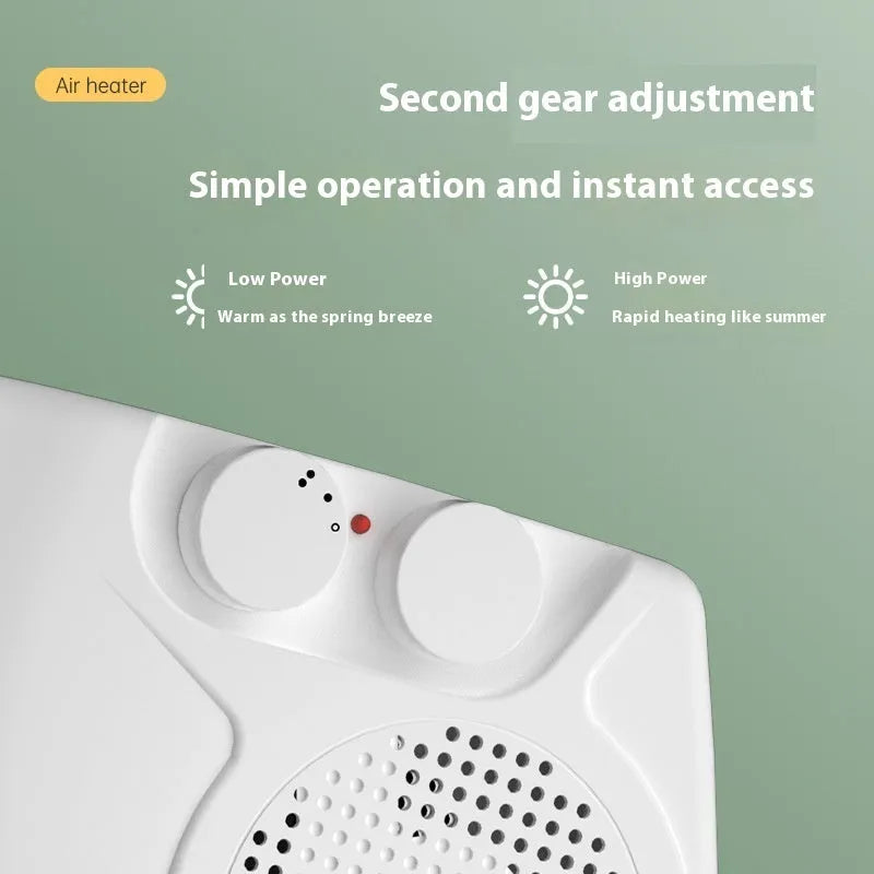White small electric heater on a desktop with dimensions 290mm wide by 2240mm high.