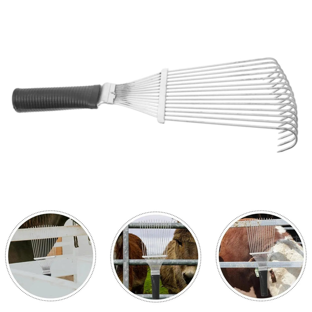 Black stainless steel pet grooming rake comb with curved teeth, shown on a plain background.