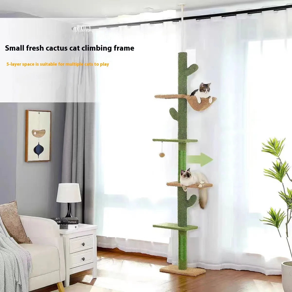 Tall cactus-shaped cat tree with integrated scratch board and nest on a solid wood frame.